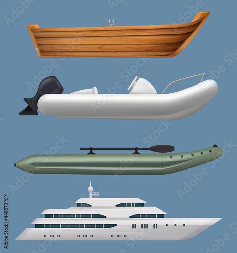 Realistic boats. Ship and yacht in sea or ocean sailing water transportation decent vector travelling concept pictures set