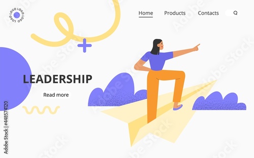 Concept of leadership. Flat vector illustration with business woman standing on a paper airplane. Career success, promotion, goal achievement.	
