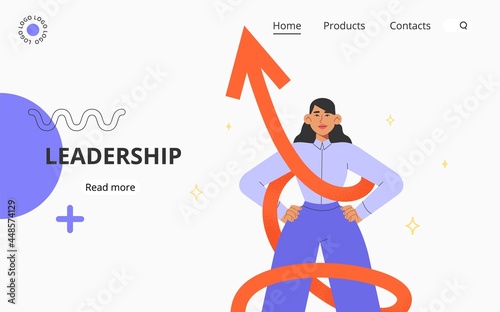 Flat vector illustration with business woman is leading a company to success. Concept of leadership.	
