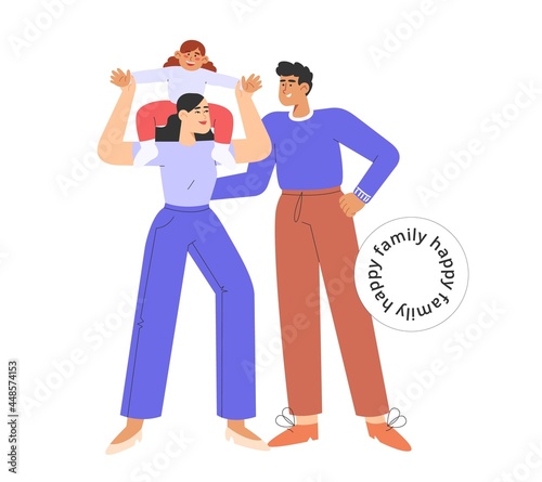 Flat vector illustration with happy father and mother characters and their daughter. Concept of adoption or parenting.