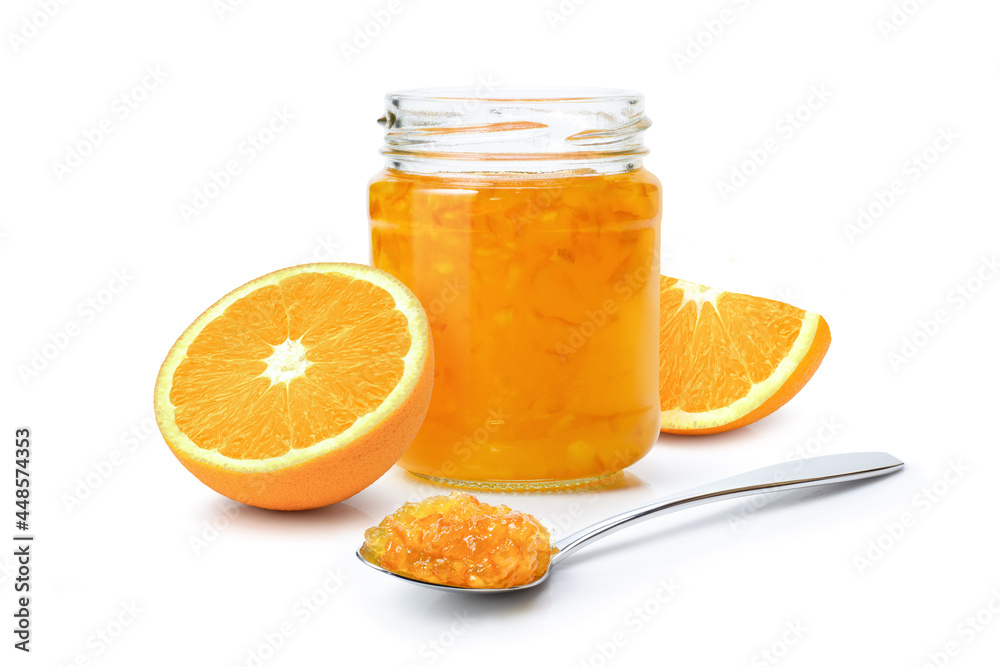 jar of orange jam and fresh orange fruit isolated on white jar of orange jam and fresh orange fruit isolated on white
