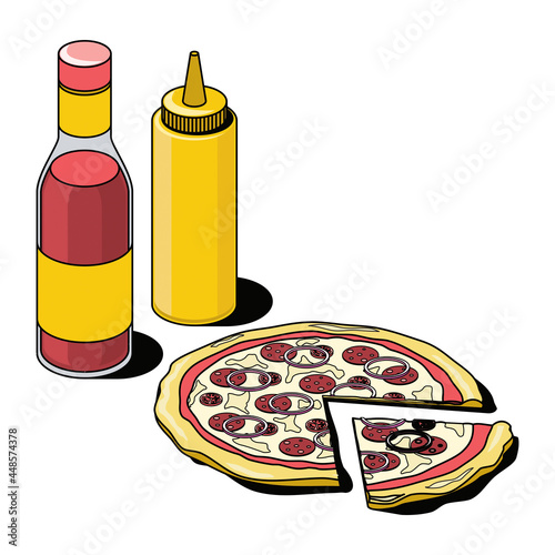 Ketchup, mustard and pizza. Vector 3d sketch line isometric, color icon illustration, flat style. Creative design idea and elements for infographics and website.