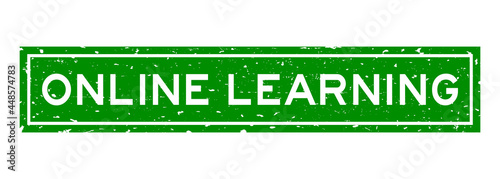 Grunge green online learning word square rubber seal stamp on white background