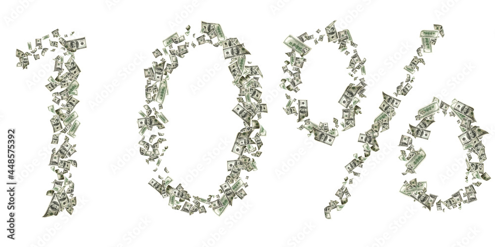 Us dollar. American money, falling cash number 10. Flying hundred dollars isolated on white background.