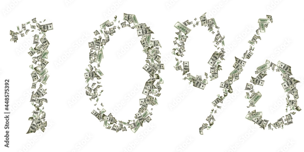 Us dollar. American money, falling cash number 10. Flying hundred dollars isolated on white background. Us dollar. American money, falling cash number 10. Flying hundred dollars isolated on white background.