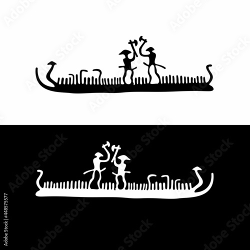Ancient drawings on the stones of Scandinavia. Petroglyphs two ancient warriors on a drakkar vector illustration. cave painting of a Viking warship. Isolated on white and black background