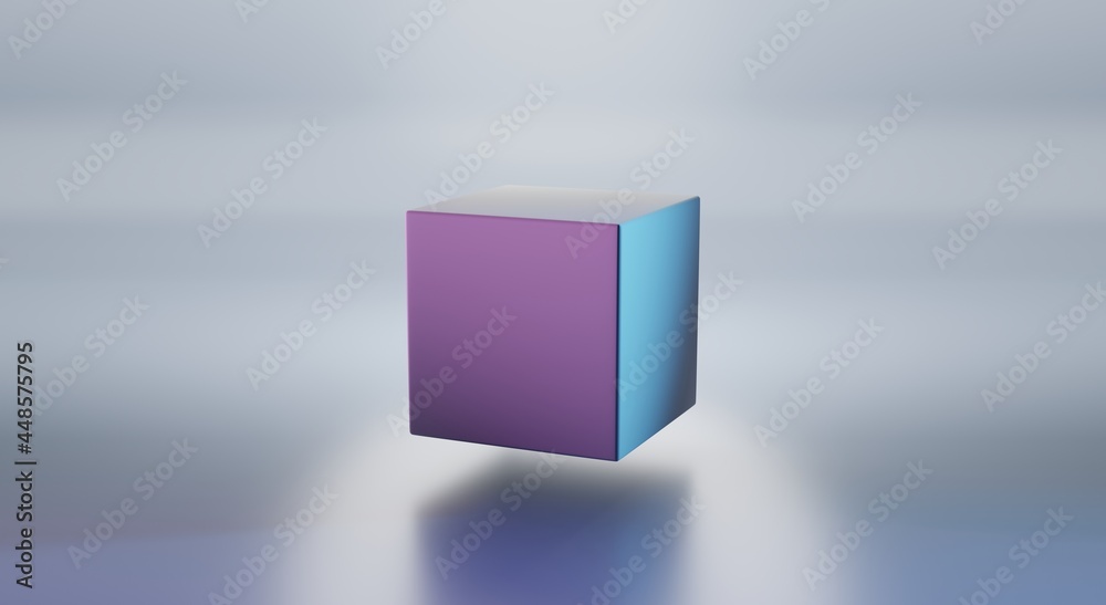 Cube or square box in gradient neon light in perspective angle view. Concept of creating objects in 3D programs, graphic design. Realistic illustration geometric block isolated on grey background