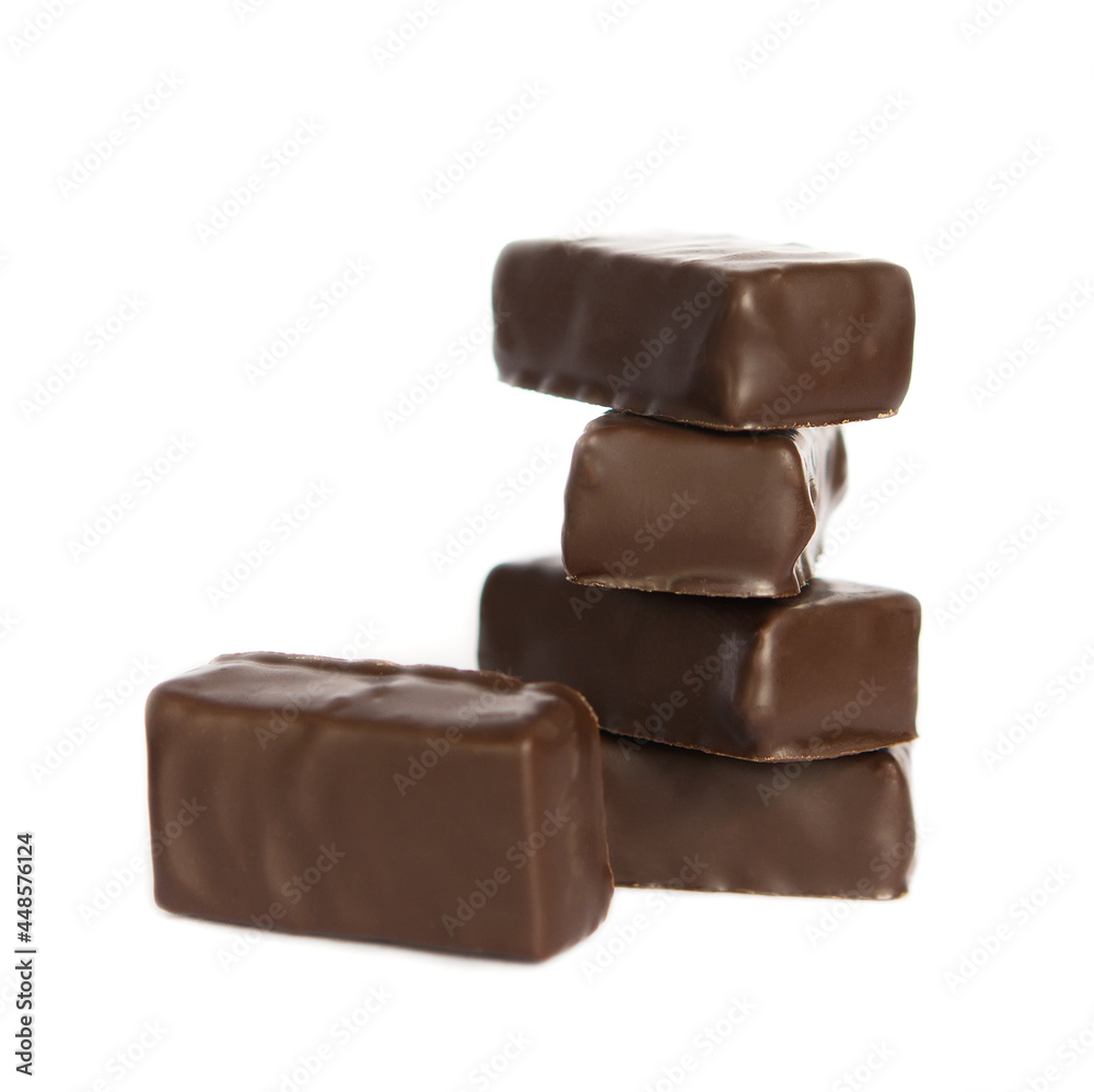 Five chocolate candy isolated on white background	