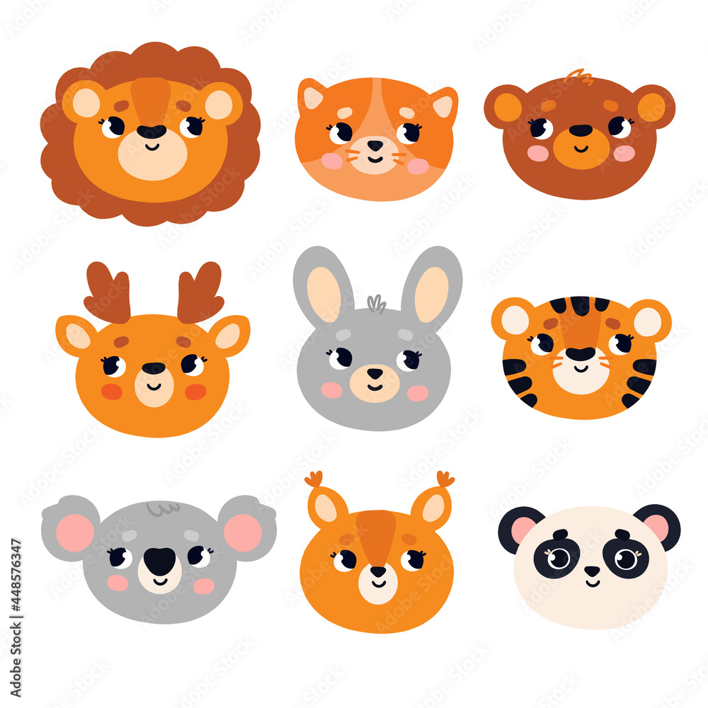 A set of cute animal faces in a simple modern style. Panda, hare, cat, lion and others A set of cute animal faces in a simple modern style. Panda, hare, cat, lion and others