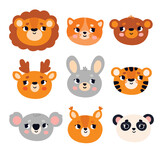 A set of cute animal faces in a simple modern style. Panda, hare, cat, lion and others