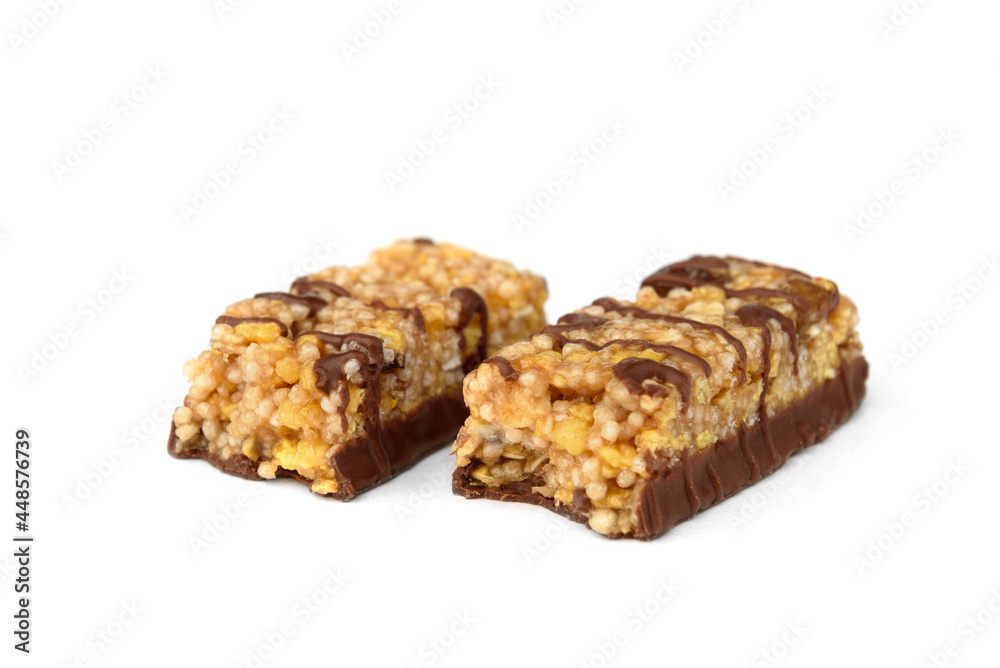 Granola bar with chocolate isolated on white background.
