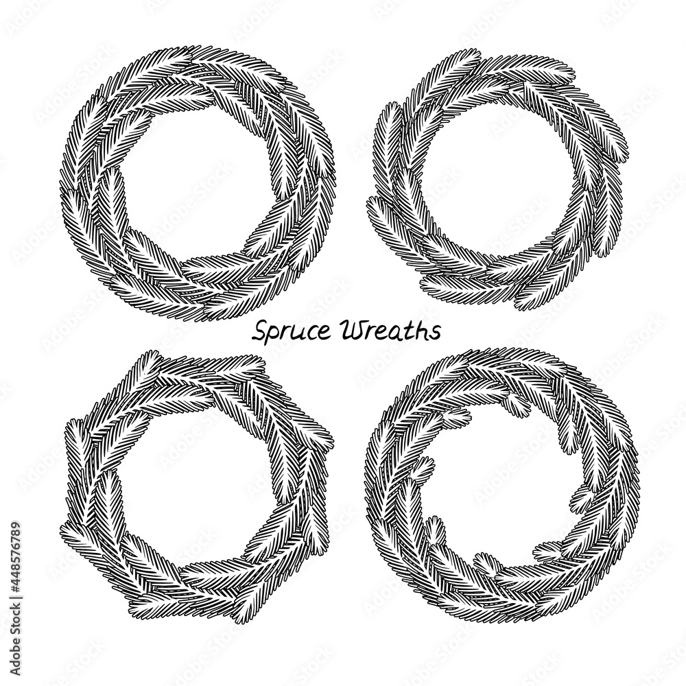 Line Art Monochrome Christmas Wreaths set clipart, spruce green branches frames. Isolated on white background Line Art Monochrome Christmas Wreaths set clipart, spruce green branches frames. Isolated on white background
