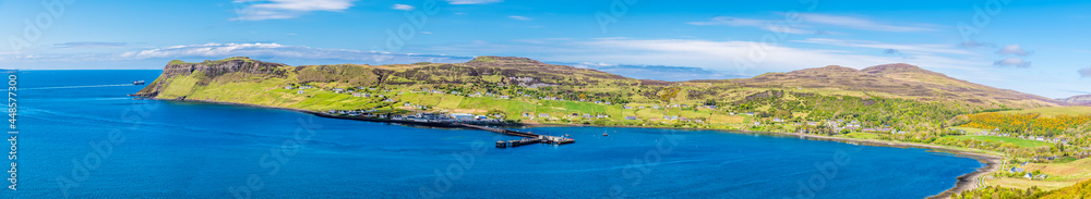 A panorama view over the ferry port and town of Uig on the Isle of Skye, Scotland on a summers day