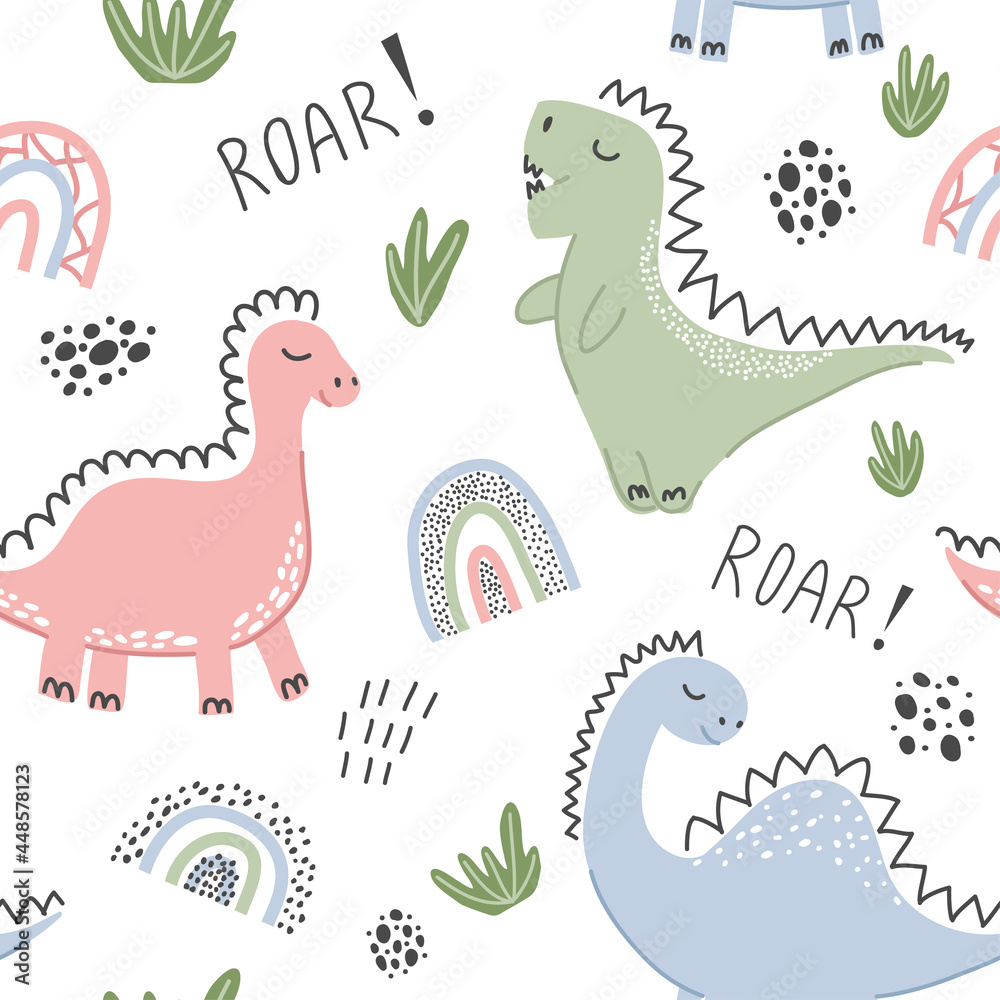 Children's seamless pattern with dinosaurs. Vector cute illustration for design, textiles, posters, fabrics, cards. Pastel colors, pink, green, blue.