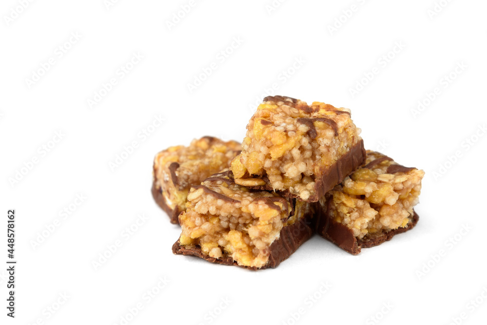 Granola bar with chocolate isolated on white background. Granola bar with chocolate isolated on white background.