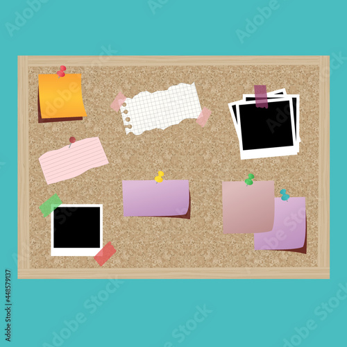 Cork bulletin board vector illustration. wooden frame, paper, push pins, stick notes, sheets of paper, office notes and other elements, which are all isolated from each other and removable also.