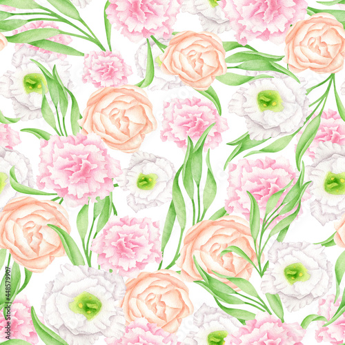 Watercolor floral seamless pattern. Lush greenery and delicate blush  white and peach color flowers isolated on white. Botanical repeated background. Illustration for wallpaper  wrapping  textile.