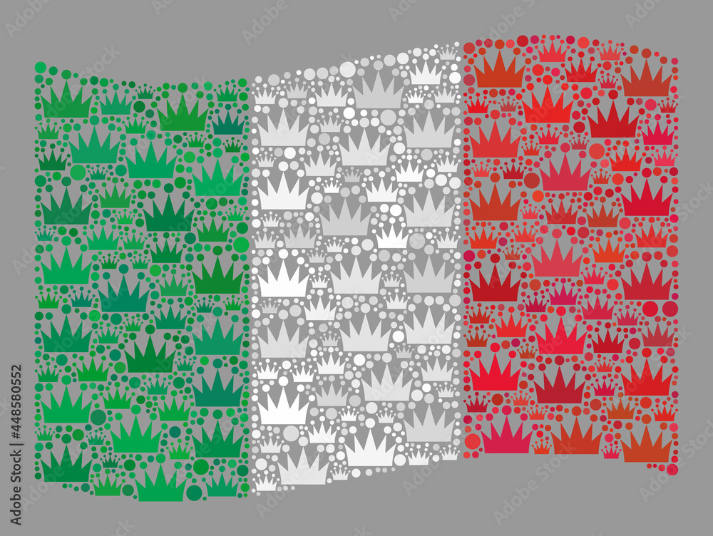Mosaic waving Italy flag constructed with crown icons. Luxury vector collage waving Italy flag constructed for kingdom projects. Designed for political and patriotic projects.