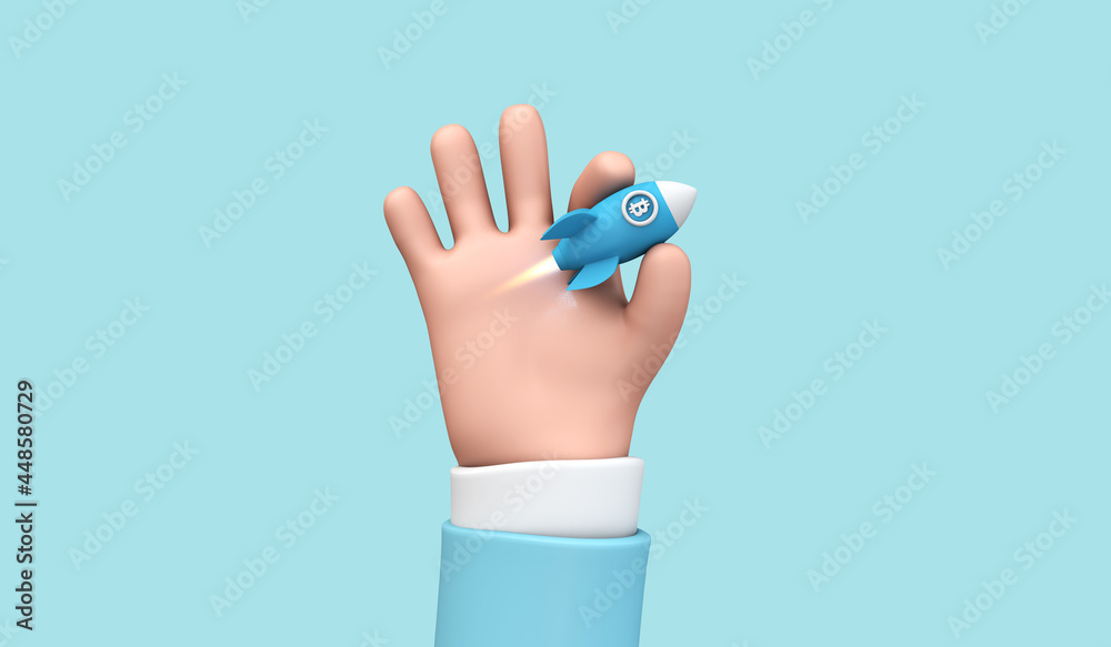 Cartoon 3d hand holding a bitcoin crypto currency rocket taking off. 3D Render Cartoon 3d hand holding a bitcoin crypto currency rocket taking off. 3D Render