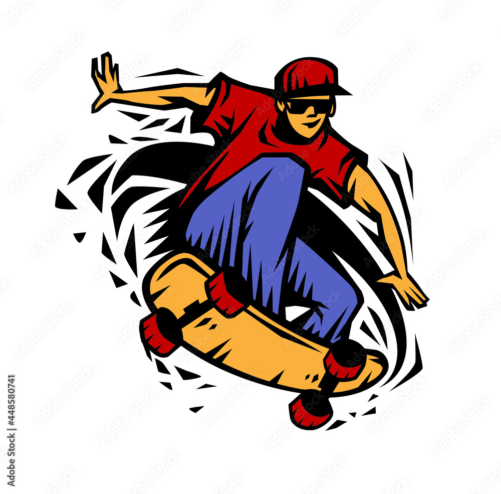 Fototapeta premium Stylish young skater jumping, skating Skateboard. Teenagers street culture entertainment. Skateboarding guy Hand-drawn outline contour silhouette. Can be used as tatoo, t-shirt. Vector illustration.