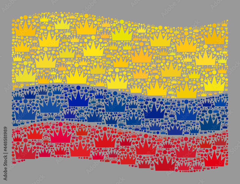 Mosaic waving Colombia flag designed with royal items. Royalty vector collage waving Colombia flag designed for nobility purposes. Designed for political or patriotic projects.