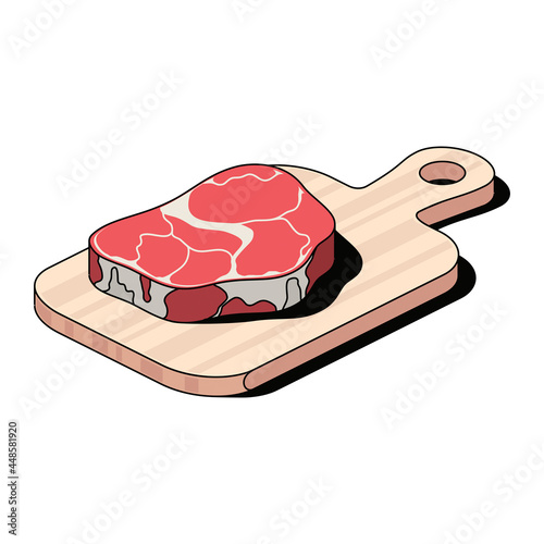 Cutting board, meat steak. Vector 3d sketch line isometric, color icon illustration, flat style. Creative design idea and elements for infographics and website.