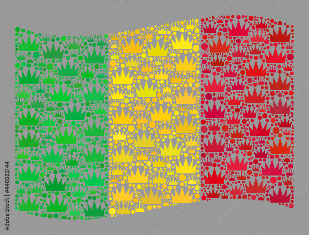 Mosaic waving Mali flag designed with crown icons. Kingdom vector collage waving Mali flag designed for imperial propaganda. Designed for political and patriotic agitation.