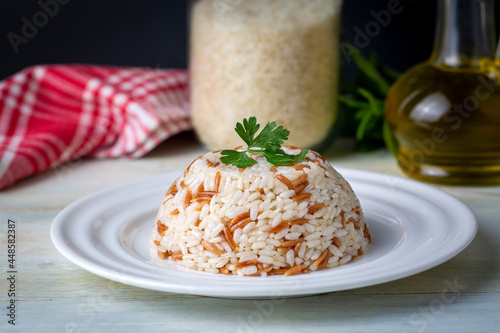 Traditional delicious Turkish food; Turkish style rice pilaf (Turkish name; Arpa sehriyeli pirinc pilavi)