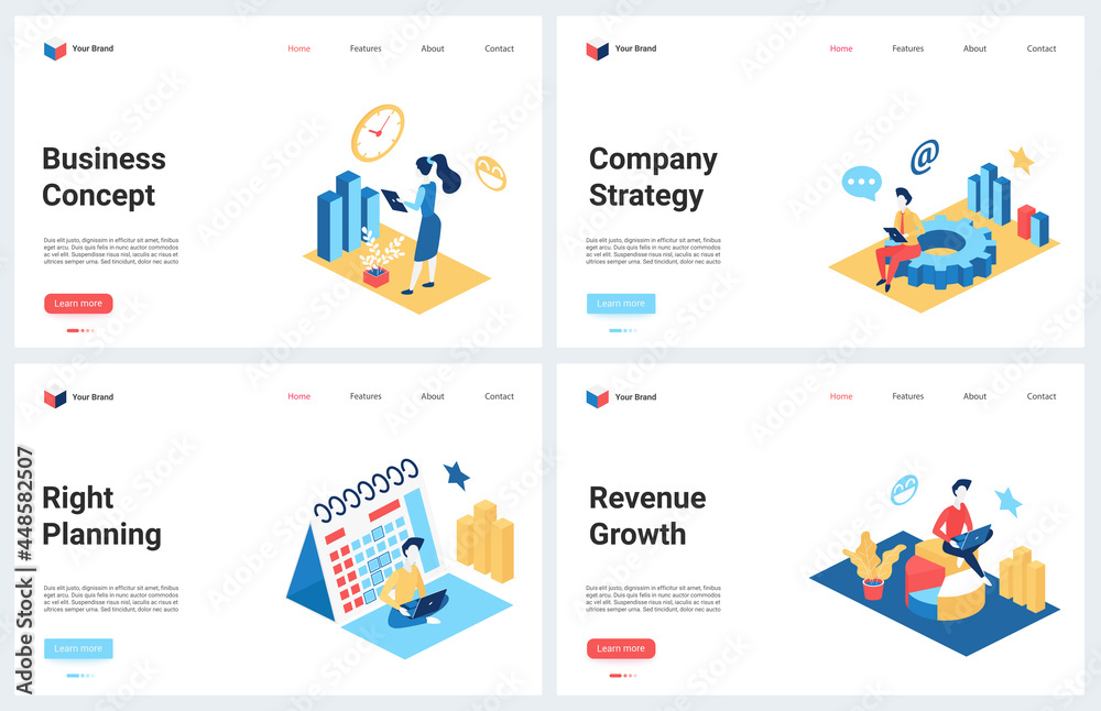 Isometric business strategy, success businessman planning vector illustration. 3d modern concept landing page set for finance business company webpage with financial revenue growth strategic plan