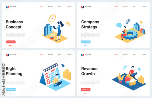 Isometric business strategy, success businessman planning vector illustration. 3d modern concept landing page set for finance business company webpage with financial revenue growth strategic plan