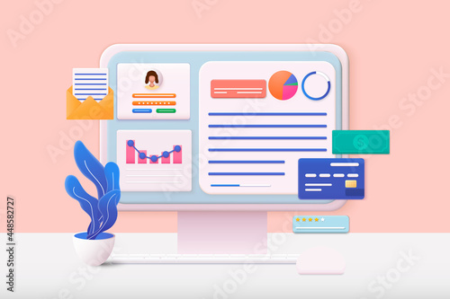 3D Web Illustrations. Computer and account login and password form page on screen. Sign in to account