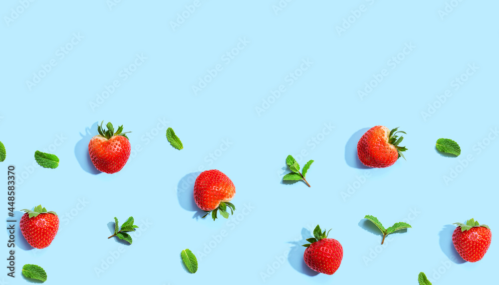 Fresh red strawberries with mints overhead view Fresh red strawberries with mints overhead view