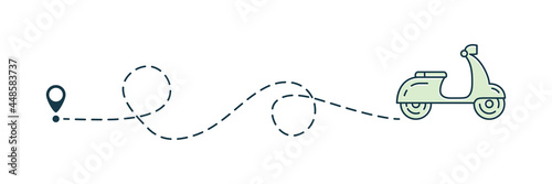 Moped with line start point icon set. Scooters and route group. Travel destination symbol. Vector isolated on white