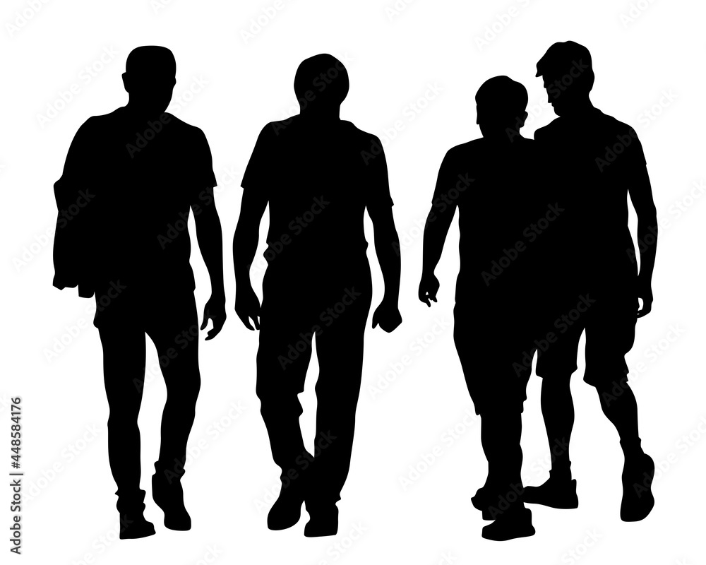 Young people in fashionable clothes on the street. Isolated silhouettes on white background
