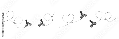 Children on bicycles driving on dotted route. Different kids black silhouettes ride bikes. Healthy lifestyle. Travel concept. Vector illustration isolated on white
