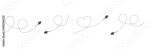 Spermatozoon flat icons swimming on dotted route set. Sperm black outline pictograms collection. Man cell symbol group. Male sexual reproductive system sign. Vector illustration isolated on white. 