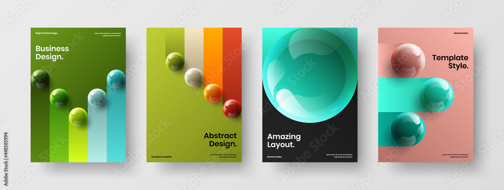 Multicolored company identity design vector concept collection. Bright realistic spheres magazine cover layout set.