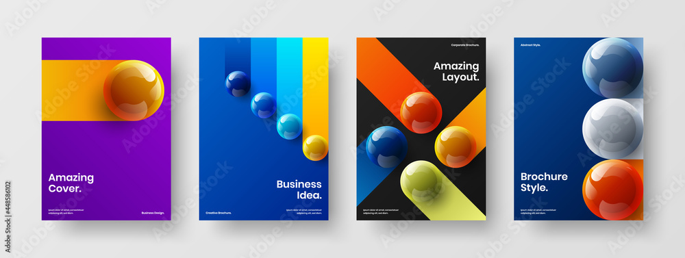 Multicolored book cover vector design illustration set. Isolated realistic balls banner layout composition.
