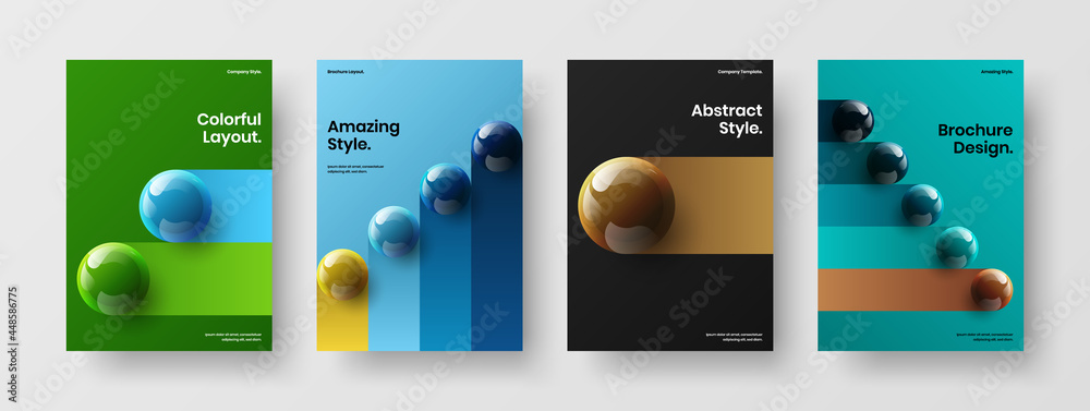 Amazing realistic spheres placard template collection. Colorful company identity A4 design vector layout composition.