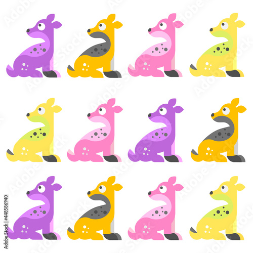 pink, yellow, puple, deer cute set, vector back with beautiful animal set, on white background, pink deer cartoon comic, cute deer