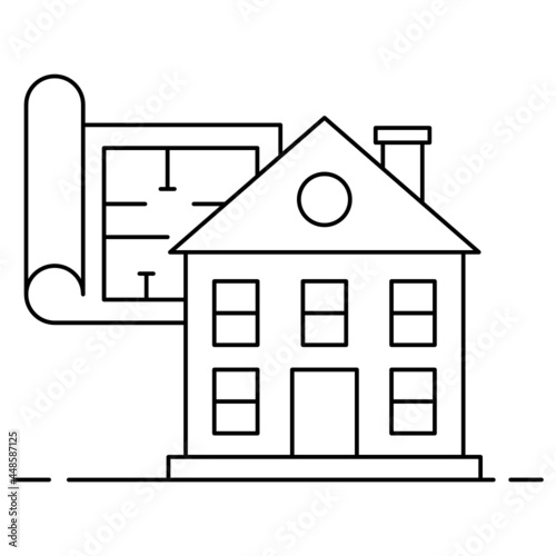 cottage with architect plan drawing Concept, house front elevation Vector Icon Design, urban and suburban house Symbol, Real Estate and Property Sign, Apartment and Mortgage Stock illustration