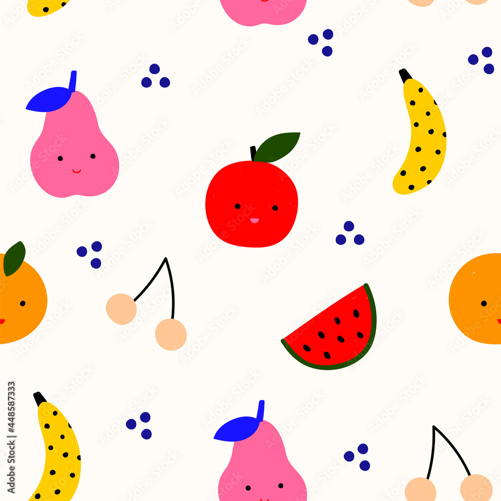 Cute cartoon fruit pattern in hand-drawn naive style. Funny colorful fruit design. Summer food fabric. Cute cartoon fruit pattern in hand-drawn naive style. Funny colorful fruit design. Summer food fabric.