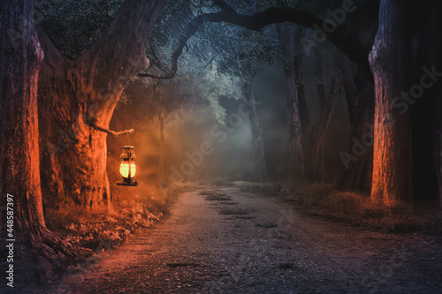 A rural dirt road at night without electricity.