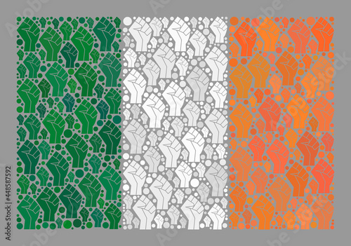 Mosaic rectangle Ireland flag designed of fighter palm icons. Protest hand vector collage Ireland flag done for fighter purposes. Designed for political and patriotic promotion.
