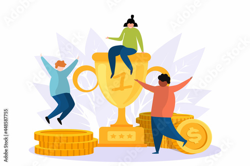 Team of happy employees winning award and celebrating success. Business people enjoying victory, getting gold cup trophy. Vector illustration for reward, prize, champions concepts