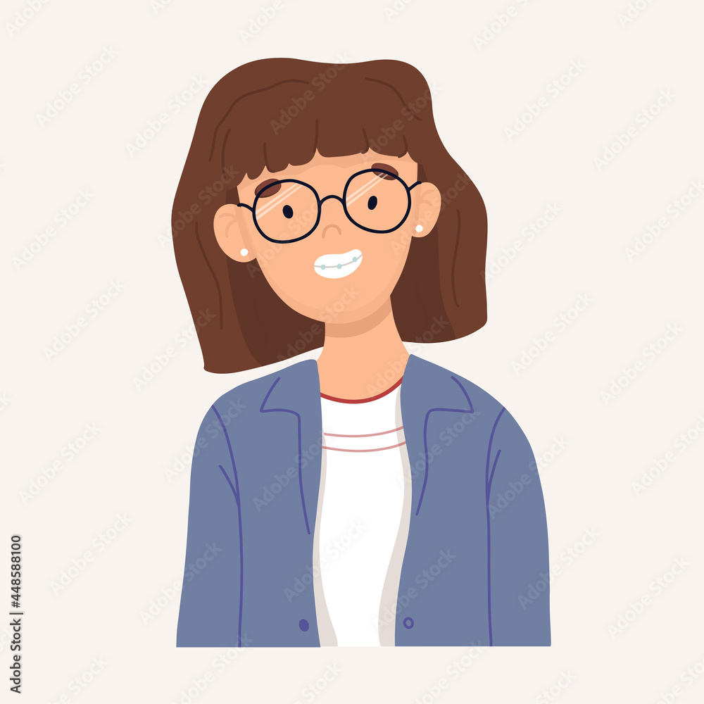 Portrait of a white teenage girl in a jacket and glasses. Vector illustration Portrait of a white teenage girl in a jacket and glasses. Vector illustration