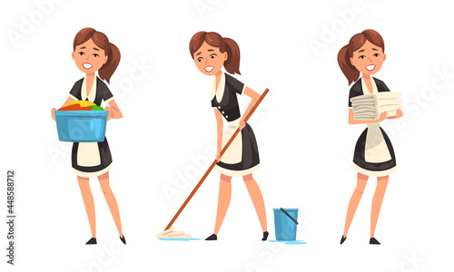 Smiling Maid or Housemaid in Black Dress and White Apron Mopping Floor and Doing Laundry Vector Set
