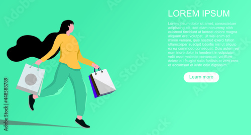A cheerful, cheerful woman enjoys shopping: she carries a shopping bag and runs to get the latest offers at the Vector EPS10 shopping center.