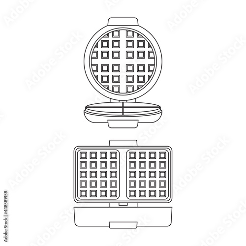 Outline vector illustration of two types of waffle-iron: a rectangular waffle-iron with two wafers and a round waffle-iron with four wafers.