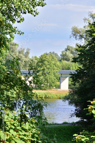 Bridge over the river between trees on a sunny day. Summer. Day.